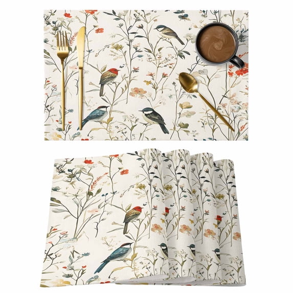 Pastoral Botanical Placemats Set of 8 Country Summer Birds Spring Floral Place Mats Indoor Wipeable Table Mats Washable Cloth Dining Table Placemats for Kitchen Holiday Party Home Decor 13x19 Inch