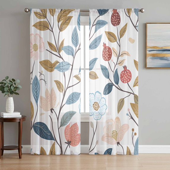 Pastoral Botanical Semi Sheer Curtains 108 Inch Length 2 Panels Set, Spring Summer Floral Farmhouse Sheer Kitchen Curtain Privacy Voile Window Curtain for Living Room Bedroom Rod Pocket Drapes