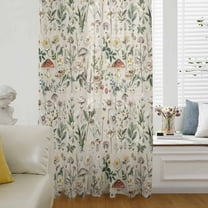 Pastoral Botanical Semi Sheer Curtains Drapes for Living Room,Bedroom,French Doors Window 84 Inches Long,Vintage Mushroom Spring Summer Flowers Rod Pocket Chiffon Curtain Drapery Voile Drape Panel