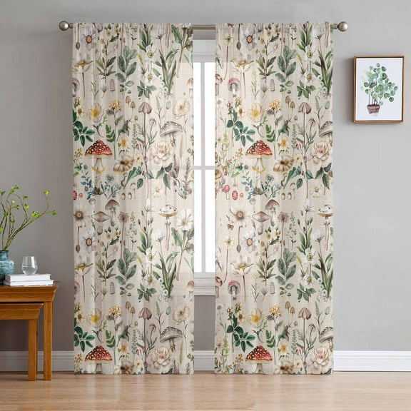 Pastoral Botanical Sheer Curtains 72 Inches Long 2 Panels Set, Window Sheer Curtains for Living Room/Bedroom, Vintage Mushroom Spring Summer Flowers Light Filtering Rod Pocket Curtain 52'' x 72'' x 2