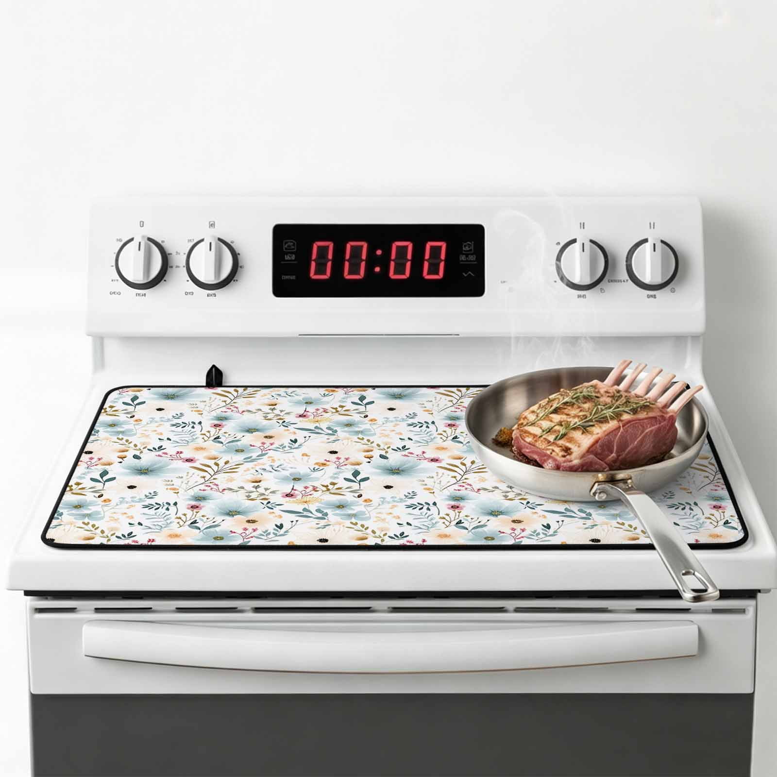 Pastoral Botanical Stove Top Cover for Electric Stove, Heat-proof & Non Slip Glass Top Stove Cover Protector, Watercolor Teal Yellow Spring Floral Kitchen Flat Cooktop Rubber Mat 24x21 Inches