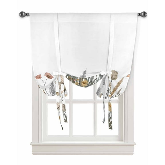 Pastoral Botanical Tie Up Curtains for Kitchen Bathroom Bedroom Windows 45 Inch Length, Farmhouse Floral Watercolor Balloon Drape Curtains Shade Rod Pocket Drapery Curtain Panel, 42"x45"