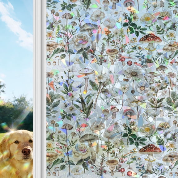 Pastoral Botanical Window Privacy Film Stain Glass,Reusable Decorative Rainbow Window Film,Rustic Mushroom Spring Summer Flowers Static Cling Sun Blocking Stickers Decals Covers 17.7" x 39.3" (2pcs)