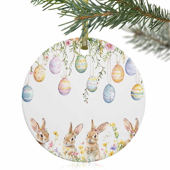 Pastoral Brown Bunny Easter Egg Christmas Ceramic Ornament 2025,3" Round Xmas Tree Hanging Accessories with Gold Ribbon
