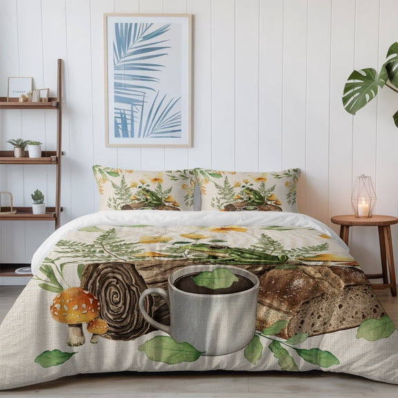 Pastoral Coffee Frog Mushroom California King Size Bed Set,Retro Bread on Linen Bedding for All Seasons,4 Pcs Bed Set with 1 Quiltcover (96"x104"),1 Sheet (110"x98"),2 Pillowcases (20"x36")
