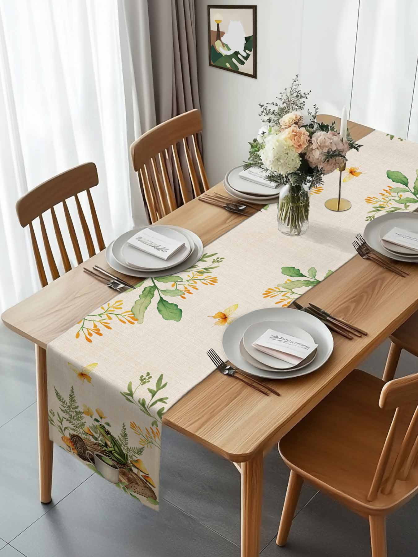 Pastoral Coffee Frog Mushroom Table Runner 90 Inches Long, Retro Bread on Linen Table Runners Tabletop Scarf Kitchen Dining Tables Decoration for Home Party Indoor Outdoor