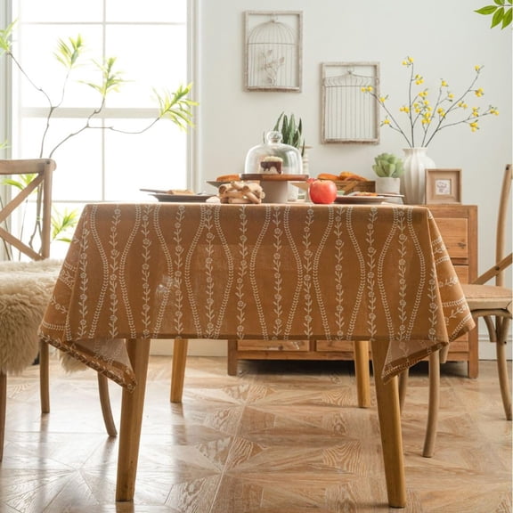 Pastoral Cotton Linen Tablecloth Orange Flowers Printed Farmhouse Rustic Table Cloth Dust-Proof Wrinkle Free Washable Table Cover for Kitchen Dining Party Picnic (Rectangle, 140*180cm)