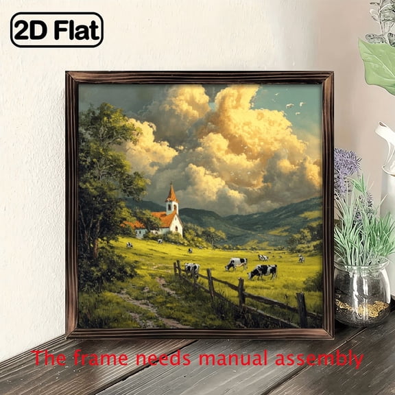 Pastoral Countryside Landscape Framed Wall Art - Serene Church, Grazing Cows Birds Painting Black Wood Frame, Vibrant Nature Scene for Home Decor, Housewarming or Holiday Gift, Farm House Decor