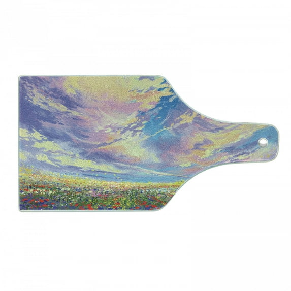 Pastoral Cutting Board, Pastoral Valley Under Surreal Dreamy Sky Floral Fresh Blooming Flourishing Nature, Tempered Glass Cutting and Serving Board, Wine Bottle Shape, Multicolor, by Ambesonne