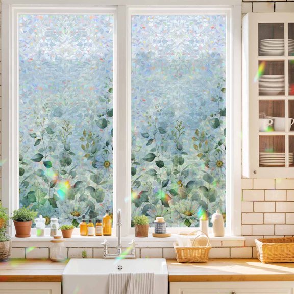 Pastoral Daisy Eucalyptus Leaf Window Privacy Film,Decorative Windows Static Cling Watercolor Leaves Herb Heat Control Removable Glass Sticker for Home Bathroom Bedroom Window Door,17.7x39.3in