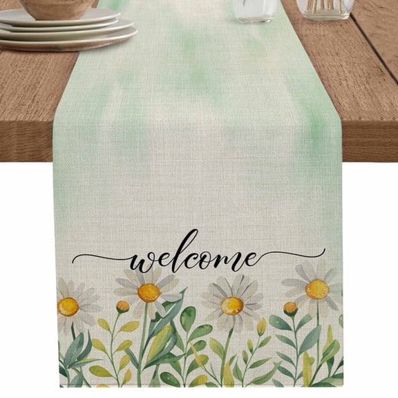 Pastoral Daisy Flower Leaves on Linen Table Runner-70 Inch Long Welcome Quote Table Runners Linen Burlap Tablerunner for Kitchen Dining Room Holiday Party