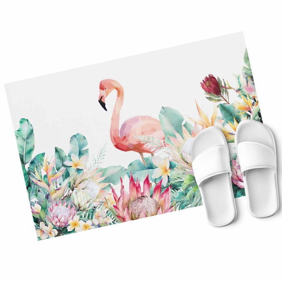 Pastoral Door Mat Watercolors Green Tropical Floral Plants Flaming Birds Non Slip Absorbent Entrance Mat Washable Low Profile Indoor Doormat for Front Door Entryway Entry 20"x31"