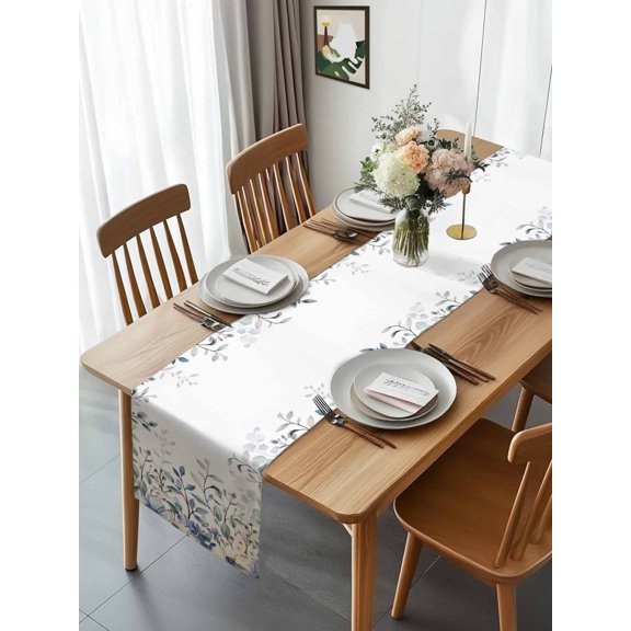 Pastoral Eucalyptus Blossom Floral Table Runner 13x70in Non-Slip Cotton Linen Table Runners, Watercolor Wild Flower Dresser Scarves TableRunner for Dinner Kitchen Dining Wedding Party