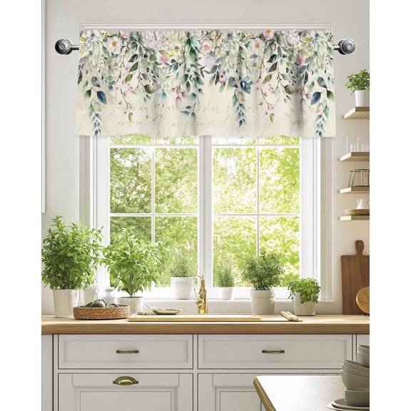 Pastoral Eucalyptus Blossom Floral Valances for Windows,Kitchen Valance Rod Pocket Short Curtain,Gradient Wildflower Vintage Valance Curtain Window Valances for Bedroom Living Room 54x18in