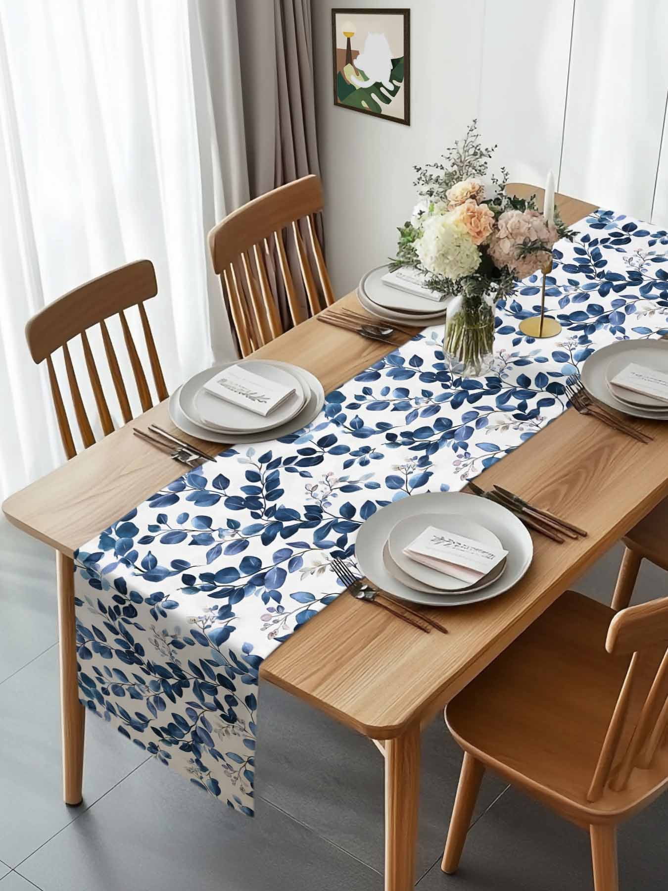 Pastoral Eucalyptus Leaves Table Runner 90 Inches Long, Navy Blue Botanical On White Table Runners Tabletop Scarf Kitchen Dining Tables Decoration for Home Party Indoor Outdoor