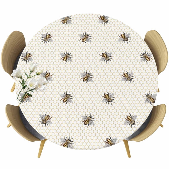 Pastoral Farm Bee Honeycomb Fitted Round Tablecloths Elastic Edged Table Covers 55"-60",Waterproof Table Cloth for Kitchen Holiday Party Tables Decor