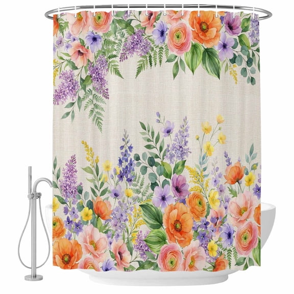 Pastoral Floral Bathroom Shower Curtains with Hooks, Colored Wildflower Leaves Lavender Plant Linen Waterproof Fabric Washable Shower Curtain for Home Hotel Bathtub Decor 72x72 Inch