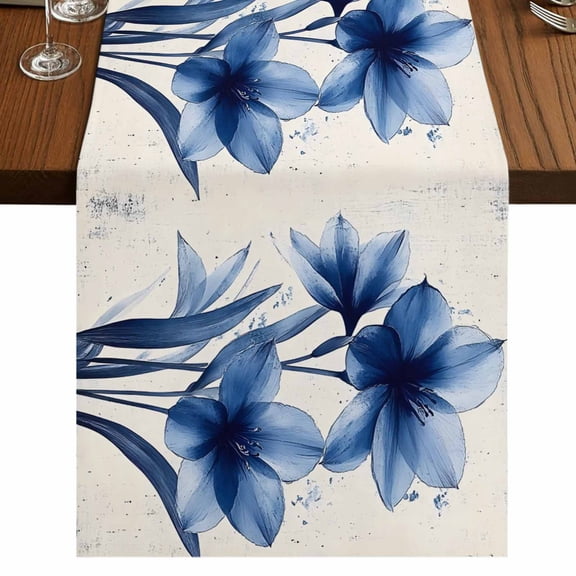 Pastoral Floral Blue 36 Inch Table Runner, Garden Flora Illustrations Farmhouse Dresser Scarf Cotton & Linen Tablerunner for Dining/Kitchen Island/Holiday Party Décor Small 13" x 36"