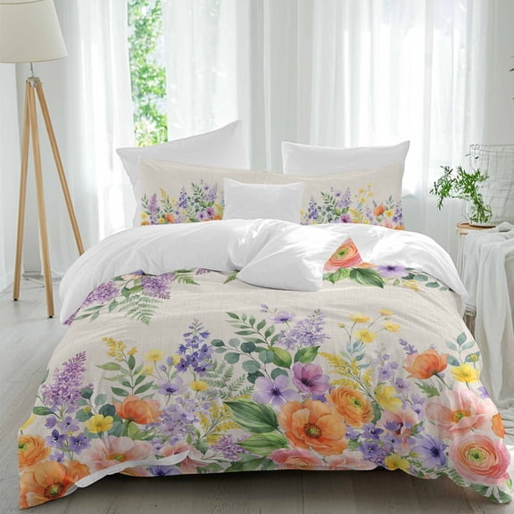 Pastoral Floral California King Duvet Cover Set, Colored Wildflower Leaves Lavender Plant Linen 4 Piece Microfiber Bedding Set with Zipper Closure, Bed Sheet and 2 Pillow Shams, Soft Bedding Cover