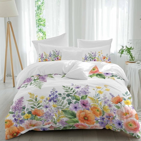 Pastoral Floral California King Duvet Cover Set, Colored Wildflower Leaves Lavender Plant Rustic 4 Piece Microfiber Bedding Set with Zipper Closure, Bed Sheet and 2 Pillow Shams, Soft Bedding Cover