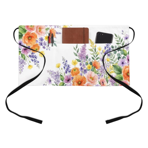 Pastoral Floral Half Waist Apron Colored Wildflower Leaves Lavender Plant Rustic Short Waiter Aprons with 3 Pockets for Women Men Kitchen Restaurant Cooking