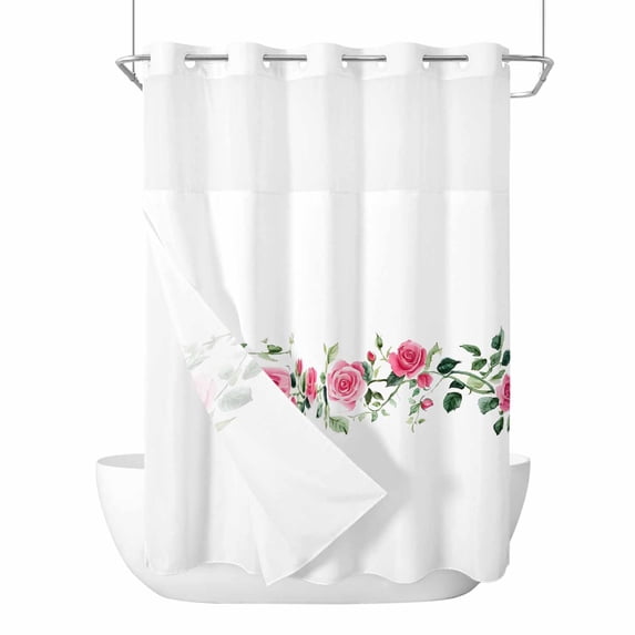 Pastoral Floral No Hooks Shower Curtain with Snap-in Liner Spring Red Ombre Flowers Shower Curtains for Bathroom, Waterproof, Easy Install, Washable 48"x72"