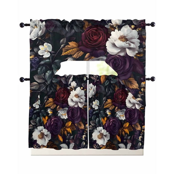 Pastoral Floral Kitchen Curtains Sets 24 Inch Length with Valance, Botanical Spring Meadow Blooms Swag Valances and Tiers Curtain Set Drapes Swag Curtains for Living Room, Bathroom, Bedroom, Cafe