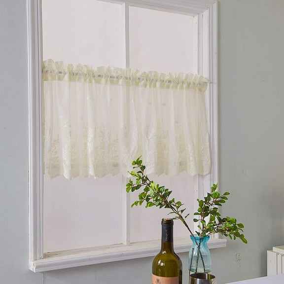 Pastoral Floral Lace Curtain Flower Leaves Window Valance Romantic Semi Sheer Cafe Bistro Curtain Elegant Living Room Bedroom Window Decor Beautiful Christmas Kitchen Curtain