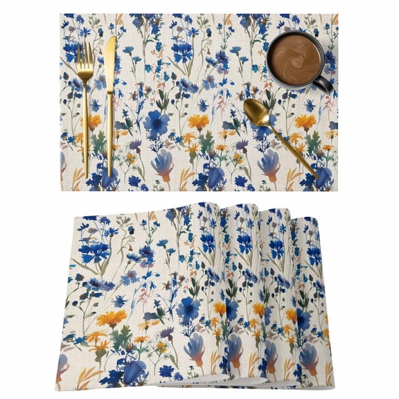 Pastoral Floral Placemats Set of 1, Watercolor Blue Yellow Wildflowers Field Linen Non-Slip Place Mats Washable Table Mats for Kitchen Dining Table Decorations Indoor/Outdoor