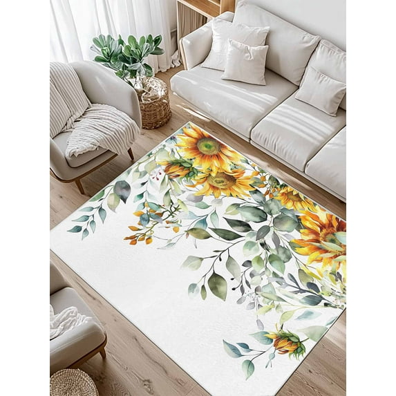 Pastoral Floral Plant Area Rug for Bedroom 3x5 Ft Sage Sunflower Eucalyptus Leaves White Super Soft fuzzy Throw Rug Non-Slip Fluffy Plush Indoor Floor Carpet for Living Room Nursery Home Decor