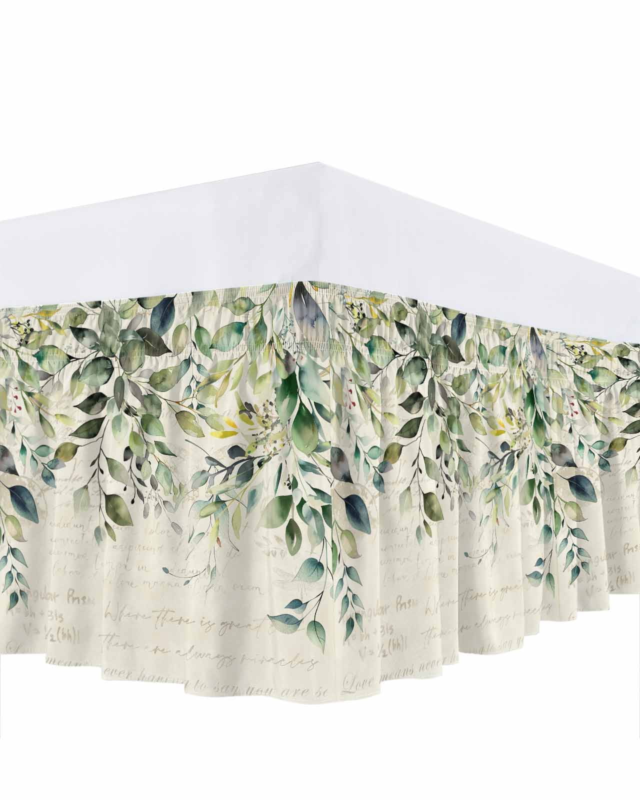 Pastoral Floral Plant Bed Skirt Queen Size 16" Drop Sage Green Eucalyptus Leaves Beige Ruffled Wrap Around Bed Skirts Adjustable Elastic Bedskirt Dust Ruffle for Queen Size Bed