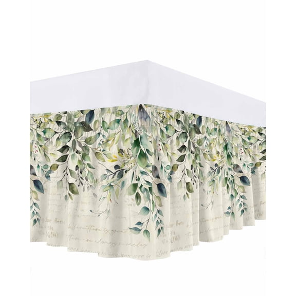 Pastoral Floral Plant Bed Skirt Queen Size 18" Drop Sage Green Eucalyptus Leaves Beige Ruffled Wrap Around Bed Skirts Adjustable Elastic Bedskirt Dust Ruffle for Queen Size Bed