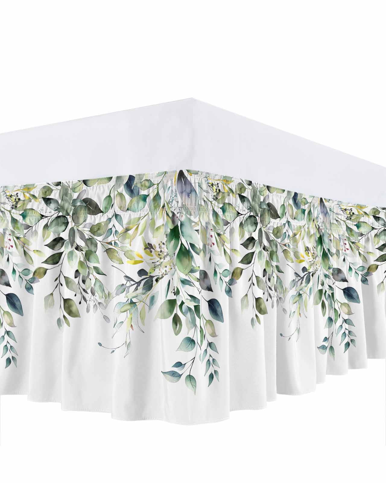 Pastoral Floral Plant Bed Skirt Sage Green Eucalyptus Leaves White Bed Skirts Queen Size 18 Inch Drop, Wrap Around Dust Ruffle&nbsp;Bedskirt with Adjustable Elastic Belt for Queen Size Beds