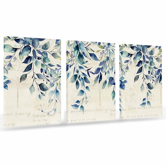 Pastoral Floral Plant Canvas Wall Art 3 Panels, Sage Blue Eucalyptus Leaves Beige Framed Wall Decor Modern Artwork Prints Painting for Living Room, Bedroom, Kitchen & Cafe Decor 12" x 16"