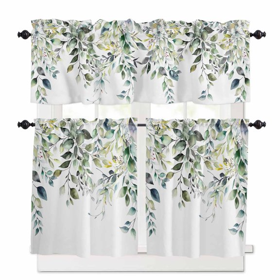Pastoral Floral Plant Kitchen Curtains Valances and Tiers Set of 3, 36 Inch Length Tier Curtains and Valance Rod Pocket Valance Curtains Set for Kitchen Bathroom Small Windows