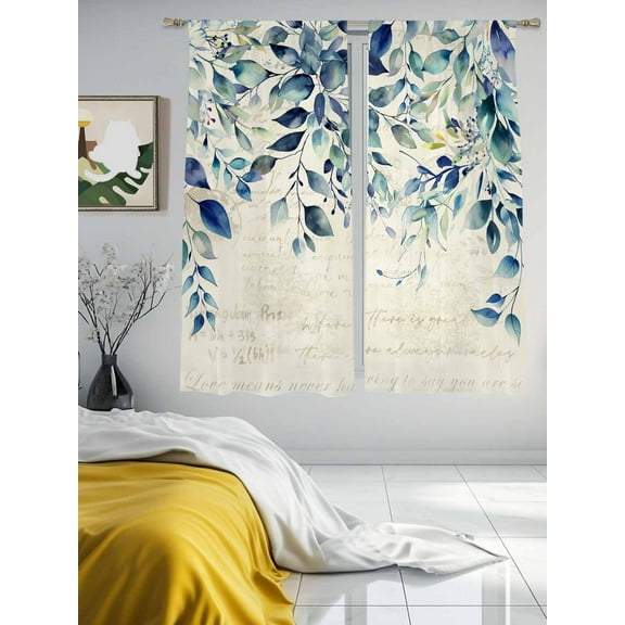 Pastoral Floral Plant Sheer Curtains 72 inches Long 2 Panels Set Sage Blue Eucalyptus Leaves Beige Tiers Sheers Rod Pocket Small Window Short Curtains for Kitchen Cafe, Each 52" W x 72" L