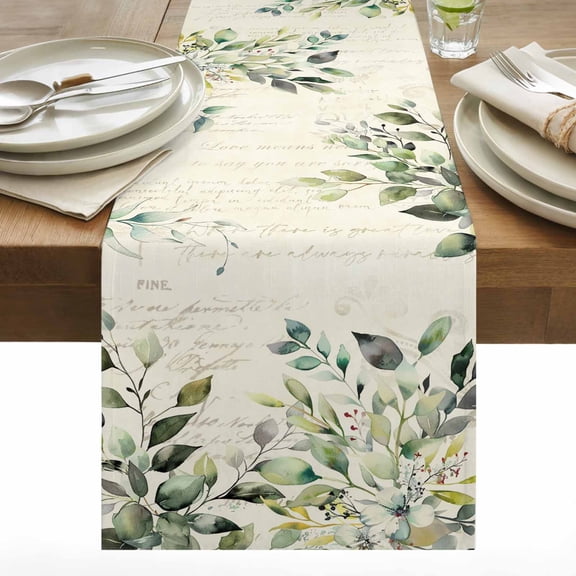 Pastoral Floral Plant Table Runner 13x72 inch Sage Green Eucalyptus Leaves Beige Cotton Linen Dining Table Runner Ideal for Dresser Kitchen Coffee Tables - Machine Washable