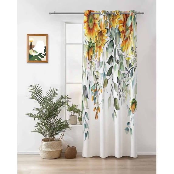 Pastoral Floral Plant Thermal Insulated Blackout Curtains for Bedroom 36 Length Sage Sunflower Eucalyptus Leaves White Room Darkening Curtain 1 Panel Grommet Window Curtain Drape for Living Room