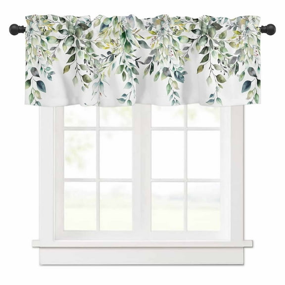 Pastoral Floral Plant Valances for Windows Sage Green Eucalyptus Leaves White Rod Pocket Curtain Valance Window Treatment Short Curtains for Kitchen Living Room, 54"x18"