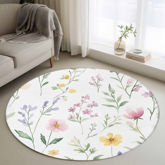 Pastoral Floral Round Rug 4ft Washable Circle Entryway Rugs Non Slip Spring Summer Botanical Flowers Area Rug Indoor Floor Carpet for Bedroom Kitchen Living Room Home Office Dining Room Nursery