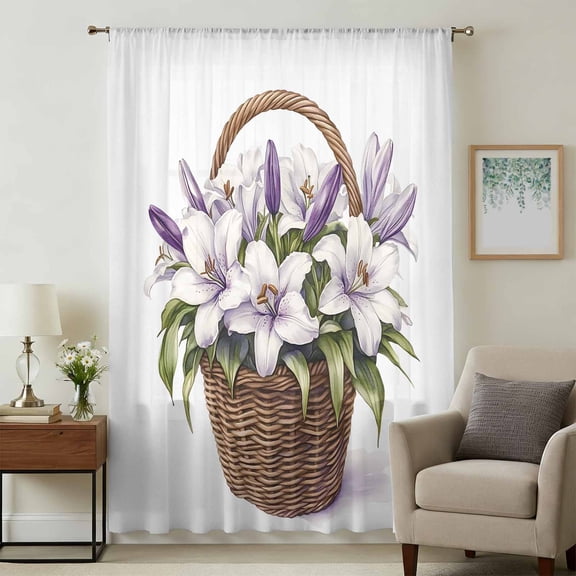 Pastoral Floral Sheer Curtains 54 Inches Long, Spring Meadow Blooms Botanical Light Filering Curtains, Breathable Simi Curtain Privacy Drapes for Kitchen Bathroom Lightweight Small Window Treatment