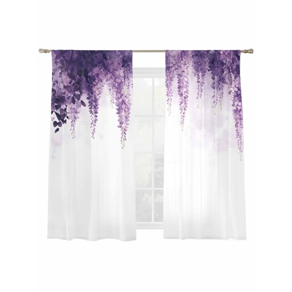 Pastoral Floral Sheer Curtains for Living Room Bedroom, Spring Purple Flowers Light Filtering Sheer Curtain Rod Pocket Voile Window Treaments Drapes, 52 x 63 Inches