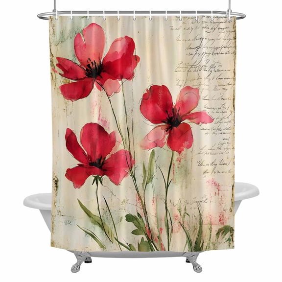 Pastoral Floral Shower Curtain for Bathroom, Country Red Flower Oil Painting Waterproof Cloth Fabric Bathroom Accessories Set with 12 Rust Proof Plastic Hooks, 66"x72"