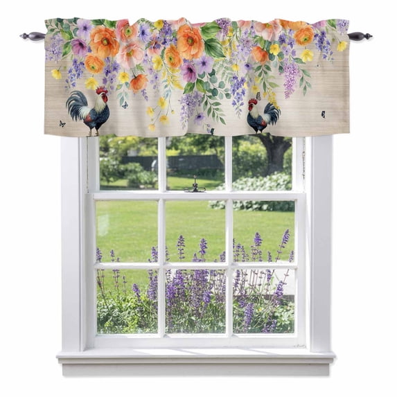 Pastoral Floral Valance Curtain Colored Wildflower Leaves Chicken Plant Wood Window Valances Rod Pocket Short Curtains Window Treatments for Kitchen Bedroom Bathroom Laundry 54" x 18"