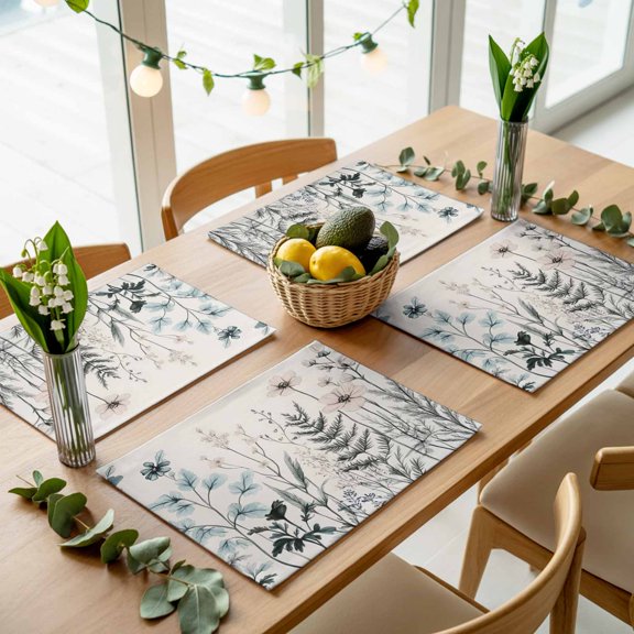 Pastoral Floral Watercolor Lily Placemats Set of 4,Wipeable Washable Table Mats for Dining Tables, Simple Floral Leaves Place Mats for Kitchen Event Party Tabletop Decor