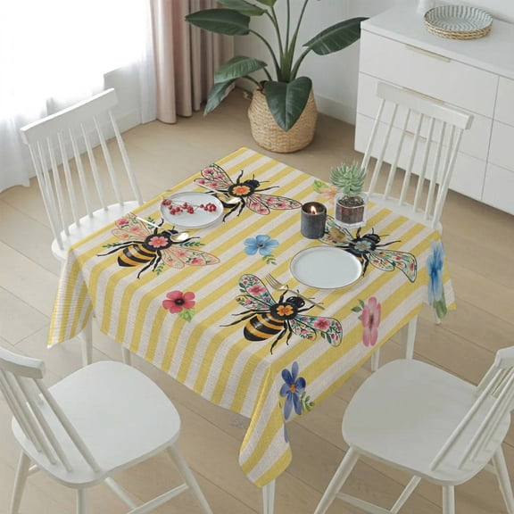 Pastoral Flower Bee Table Cloth 54x54in, Waterproof Square Tablecloth Wipeable Tablecloths Rustic Plant Yellow Stripe Retro Linen Table Covers for Dining Tables Party Indoor Outdoor