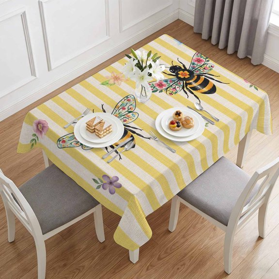 Pastoral Flower Bee Table Cloth 60x84in, Waterproof Rectangle Tablecloth Wipeable Tablecloths Rustic Plant Yellow Stripe Retro Linen Table Covers for Dining Tables Party Indoor Outdoor
