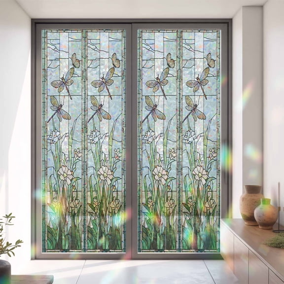 Pastoral Flower Leaves Butterfly Dragonfly Window Privacy Film, Rainbow Film Decorative Window Sticker 35.4x78.7in, Window Grille Style Sun Blocking Static Stained Glass Cling Tint Non-Adhesive