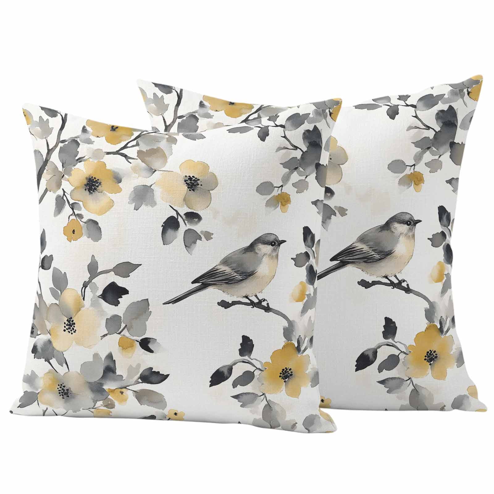 Pastoral Flower Pillow Covers 2 Pack Gray Leaf Yellow Flowers Bird Farmhouse Pillowcase Waterproof Outdoor Throw Pillow Cover for Patio Garden Square Cushion 18”x18”