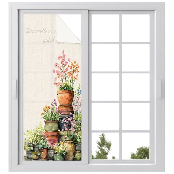 Pastoral Flower Pot Window Privacy Film, Warmth As A Quiet Symphony Retro Linen Frosted Glass Window Clings Static Cling UV Heat Blocking Reusable Door Sticker for Bathroom 23.6 x 59 Inch